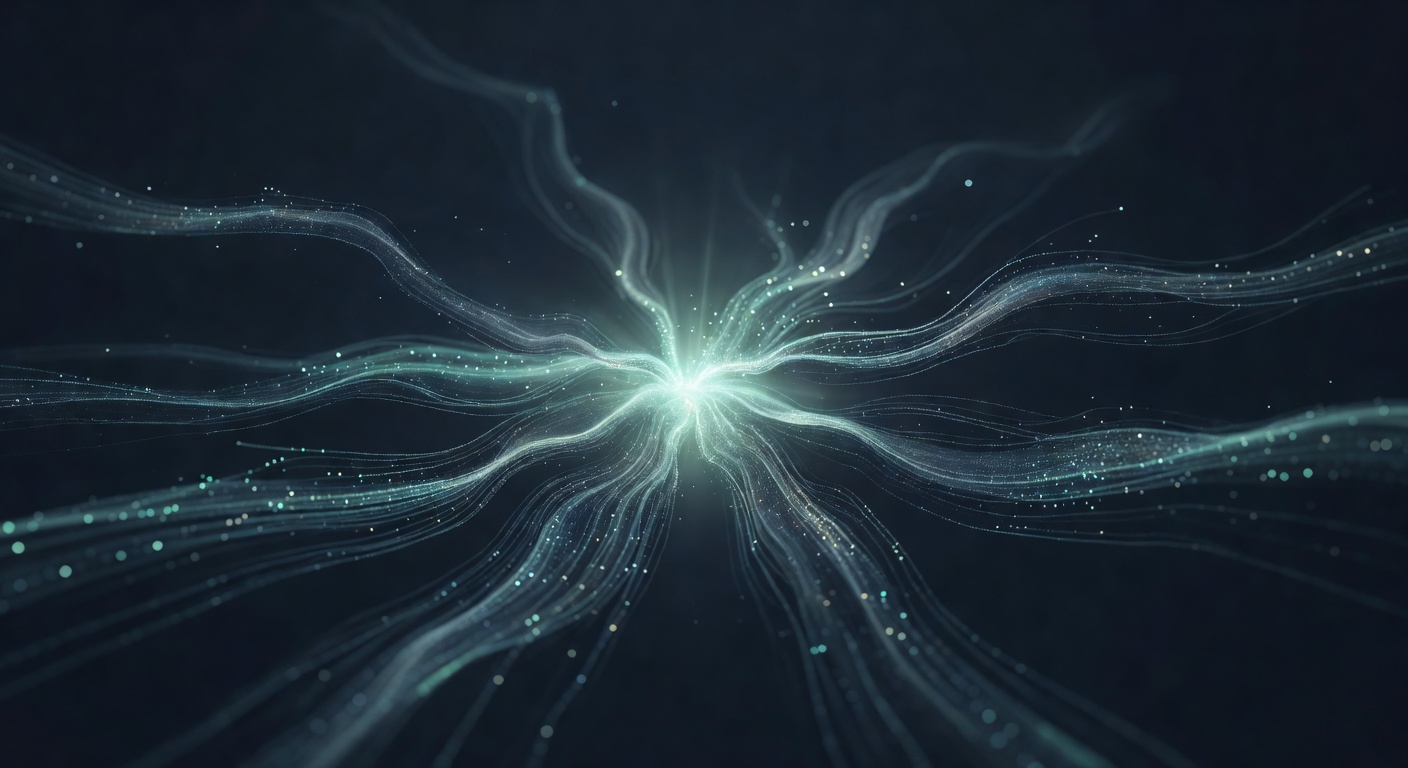 Abstract visualisation of converging data streams meeting at a radiant central node, illustrating a capability leap in enterprise AI