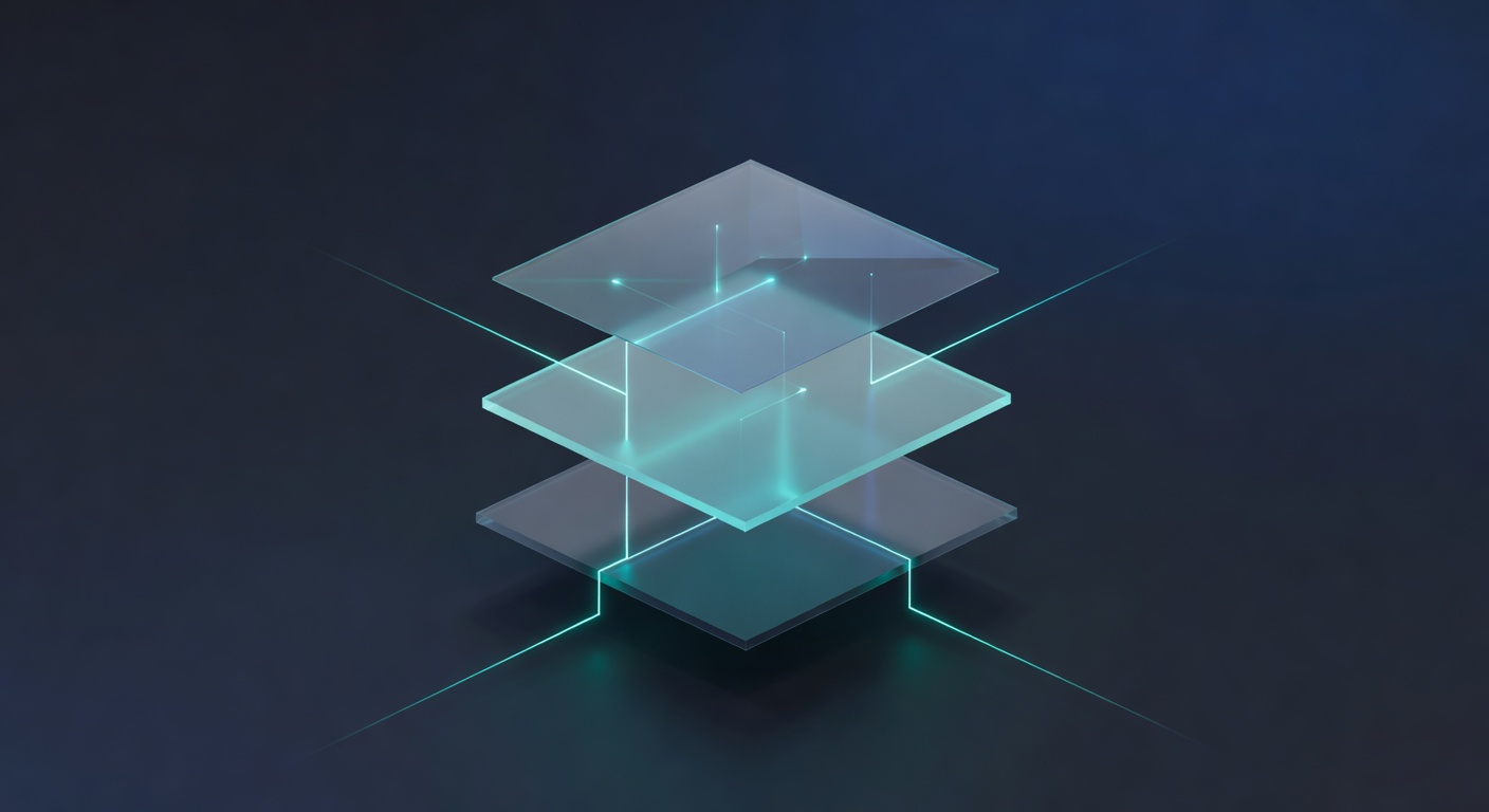 Isometric rendering of three translucent layers connected by cyan light, representing a well-architected enterprise AI system