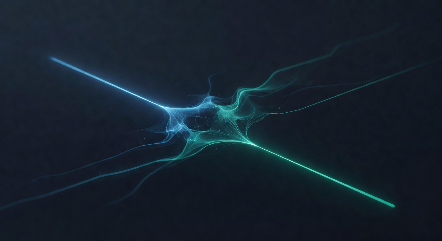 A flow diagram rendered as abstract light paths, a request entering, retrieving context, and emerging with a grounded answer — a RAG pattern rendered 