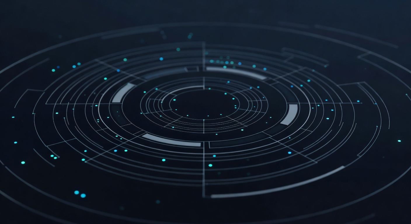 A cross-section blueprint view of an observable system, concentric measurement rings and soft indicator dots suggesting telemetry and eval harness. Ed
