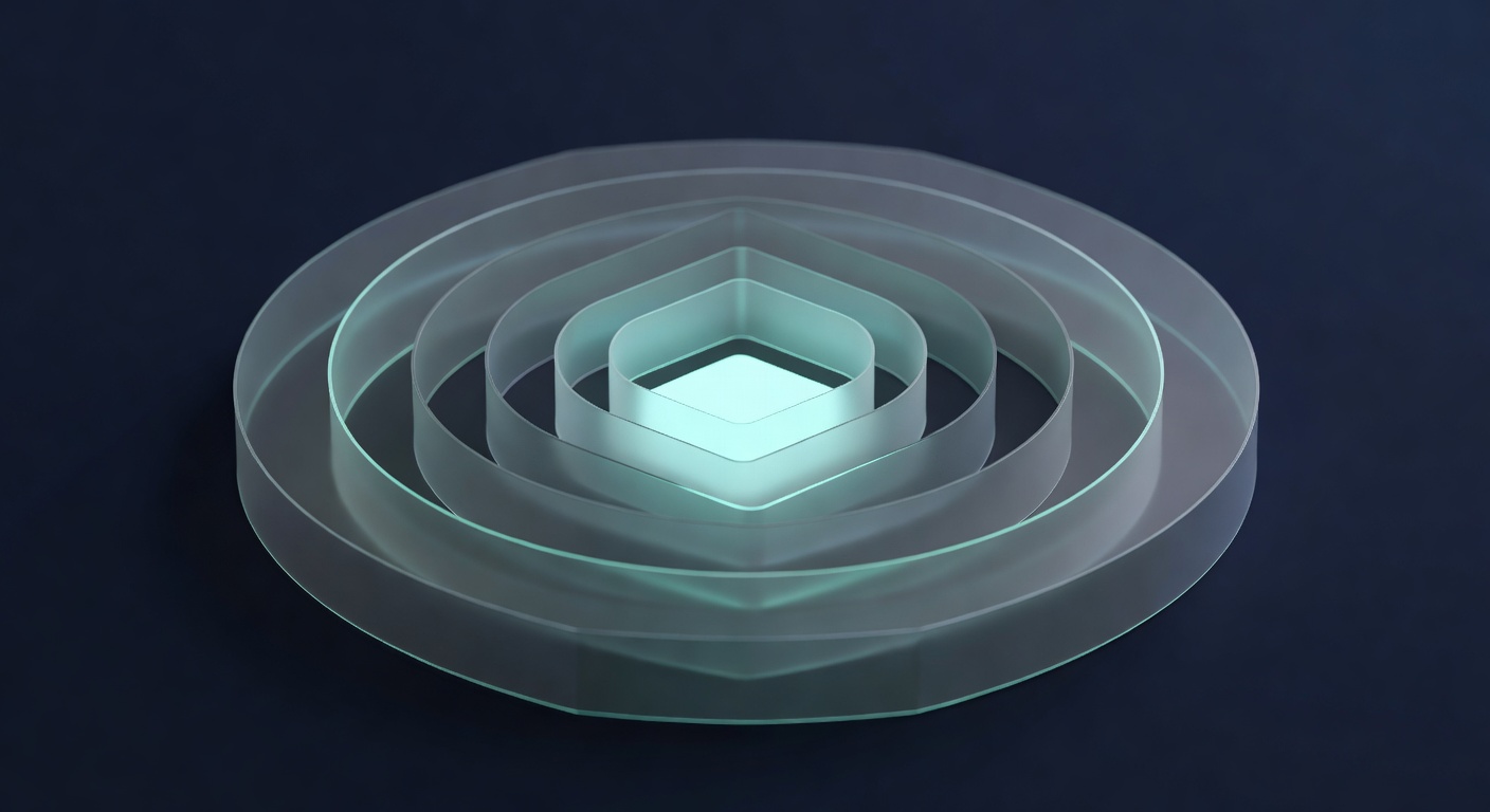 A resilient architectural composition of nested translucent protective layers around a luminous central core, suggesting reliability engineering and defence in depth. Editorial high-tech illustration,