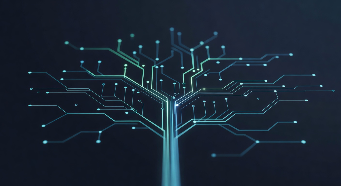 A branching decision graph rendered as a tree of light, each branch a potential path through a multi-step problem, suggesting agent reasoning and back