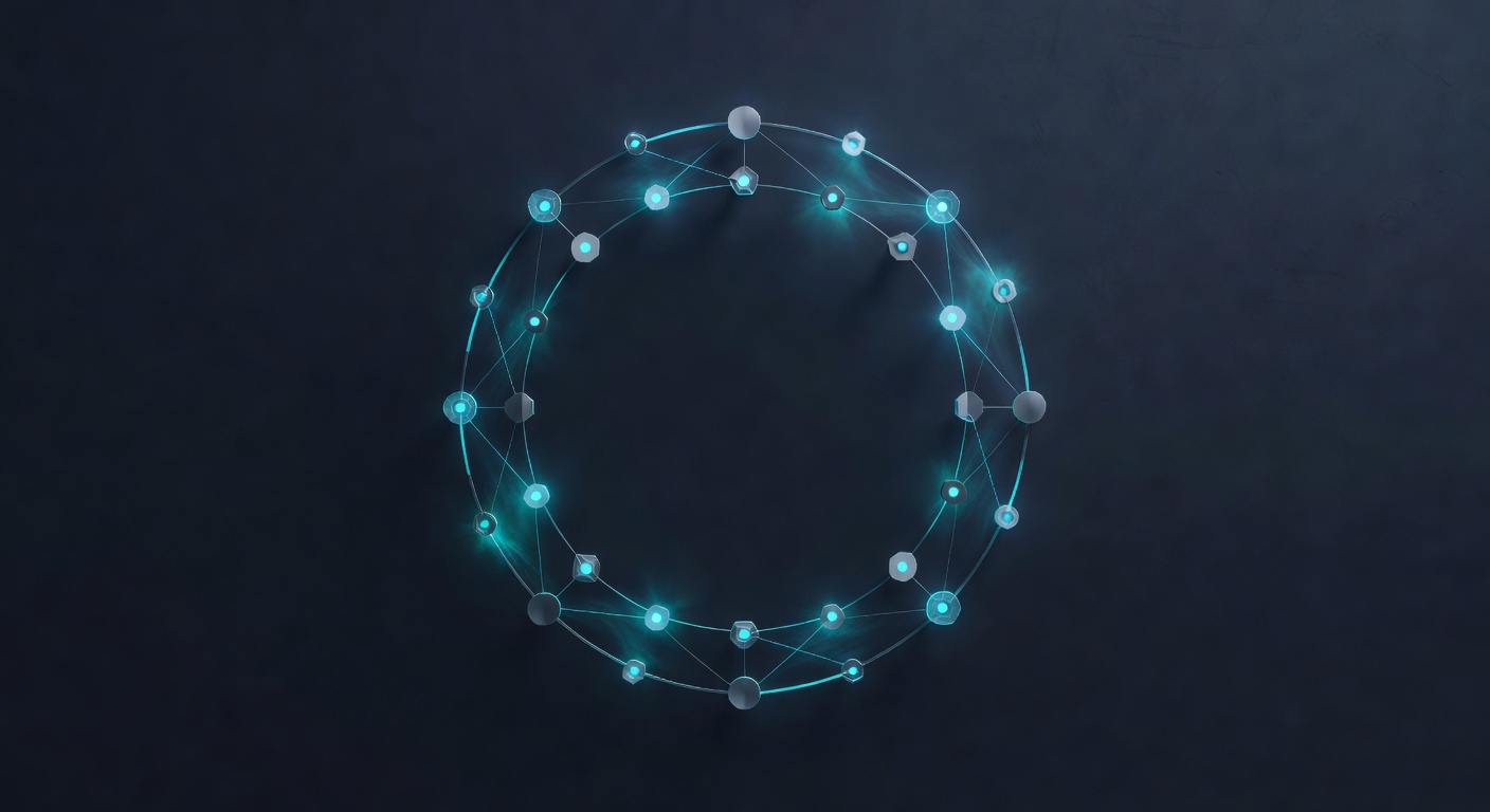 A circular ring of interconnected nodes with light flowing between them in coordinated patterns, suggesting specialised agents coordinating through a 