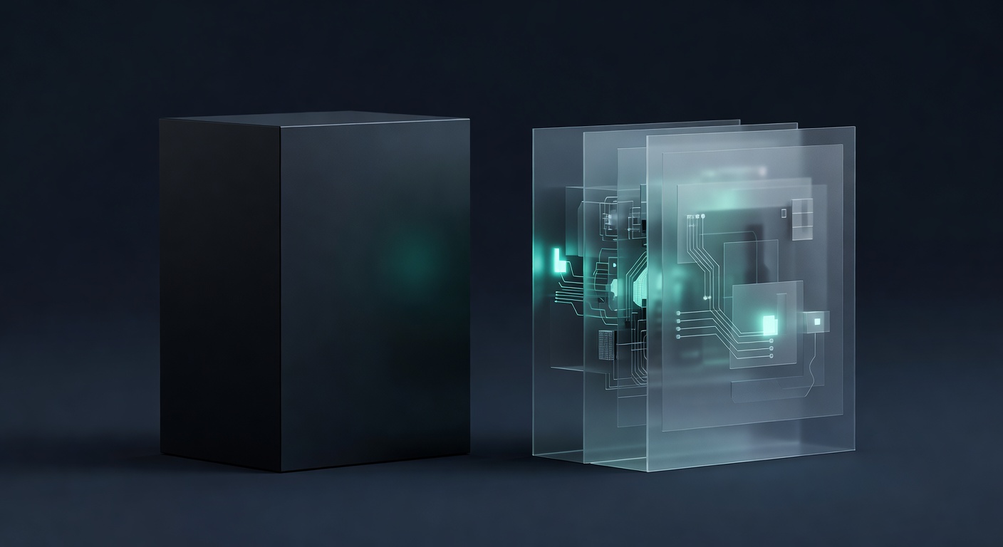 Two abstract systems side by side, one rendered as an opaque sealed monolith and the other as a translucent layered structure with visible inner mecha
