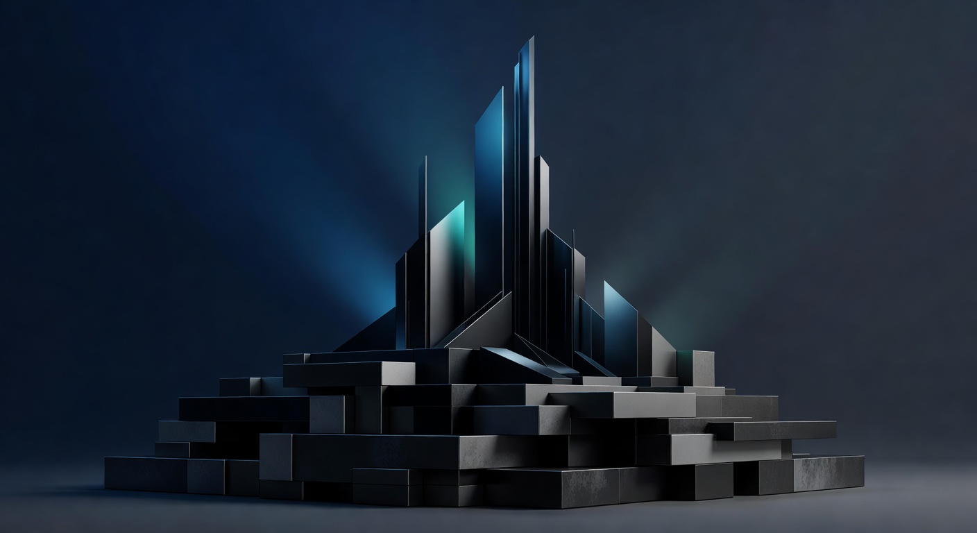 A solid foundation composition — a dense geometric base supporting an elegant structure above, suggesting infrastructure sovereignty and long-term own