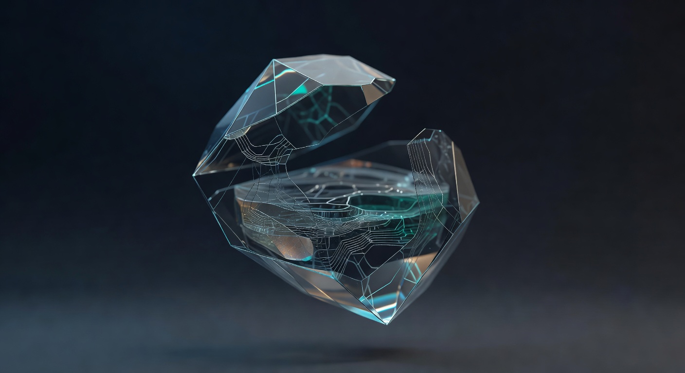 An opened geometric crystalline form revealing intricate internal structure and translucent inner layers, suggesting transparency and inspectability. Editorial high-tech illustration, cinematic dark c