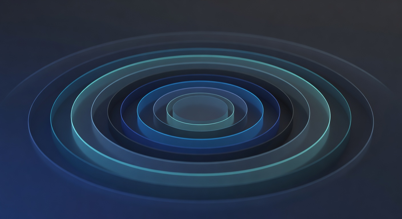 An abstract visualisation of risk stratification — nested concentric bands of increasing intensity, mapping systems into tiers of scrutiny, rendered a