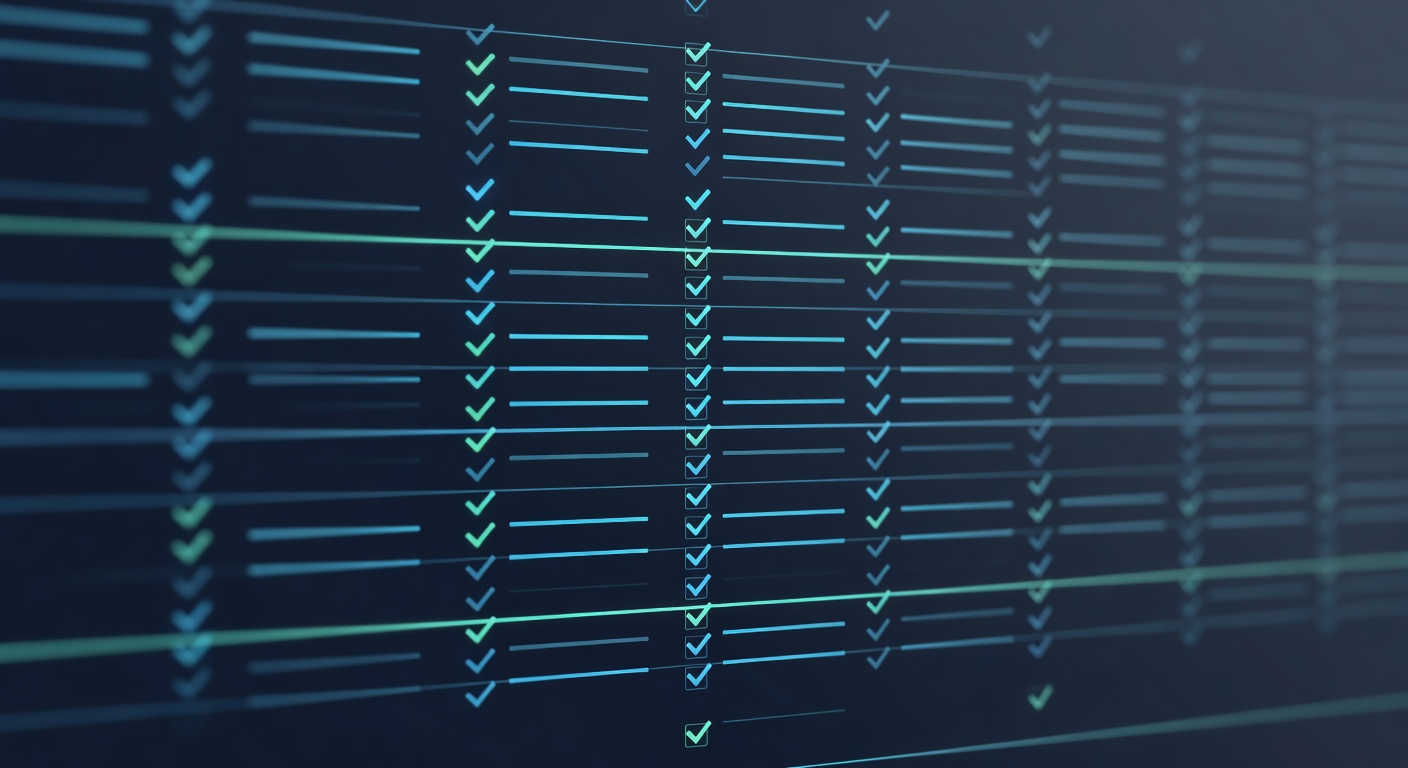 A clean audit ledger composition — ordered rows of glowing verification marks aligned with precision, suggesting documentation, conformance assessment