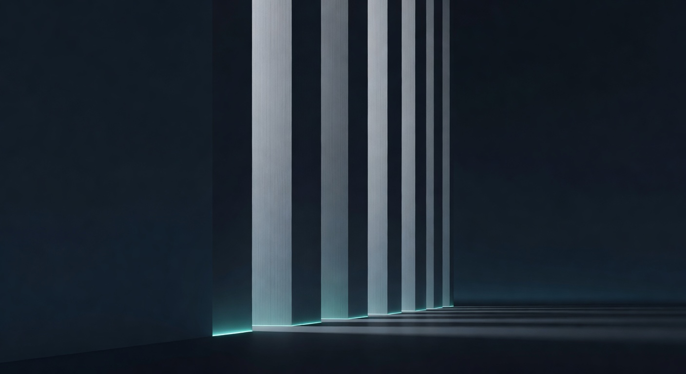 A formal architectural composition of tall parallel columns rendered in cool light, suggesting law, institution and measured governance, European classical geometry reinterpreted minimally. Editorial