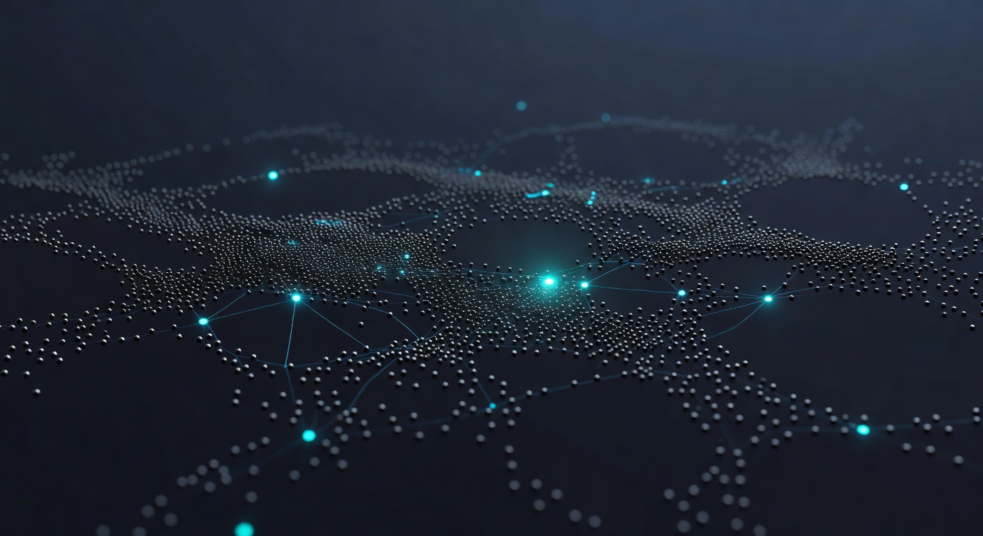 A dense retrieval network — thousands of small nodes connected by faint cyan light paths, with a handful glowing brighter, suggesting precision retrie