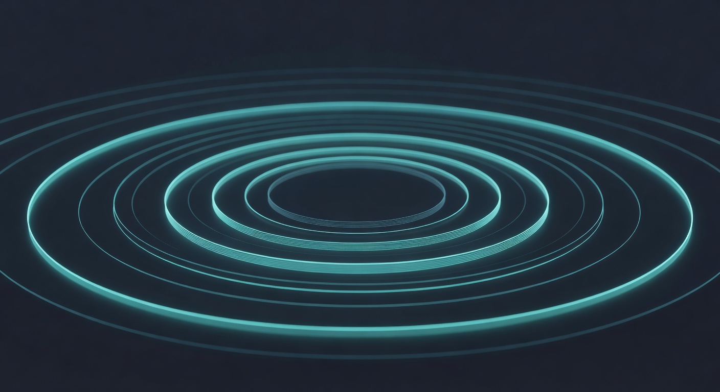 A deep cinematic composition of multiple concentric layers of activity, cool luminous rings nesting into apparent depth, suggesting layered reasoning and deliberate thought. Editorial high-tech illust