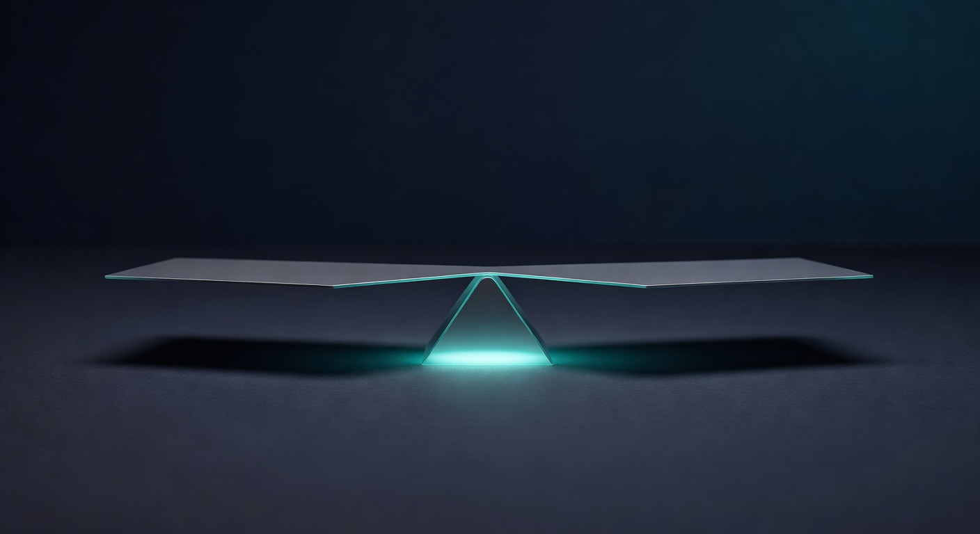 A balance scale rendered as two delicate geometric platforms weighing each other, soft cyan light pooling around the fulcrum, suggesting LLM-as-judge 