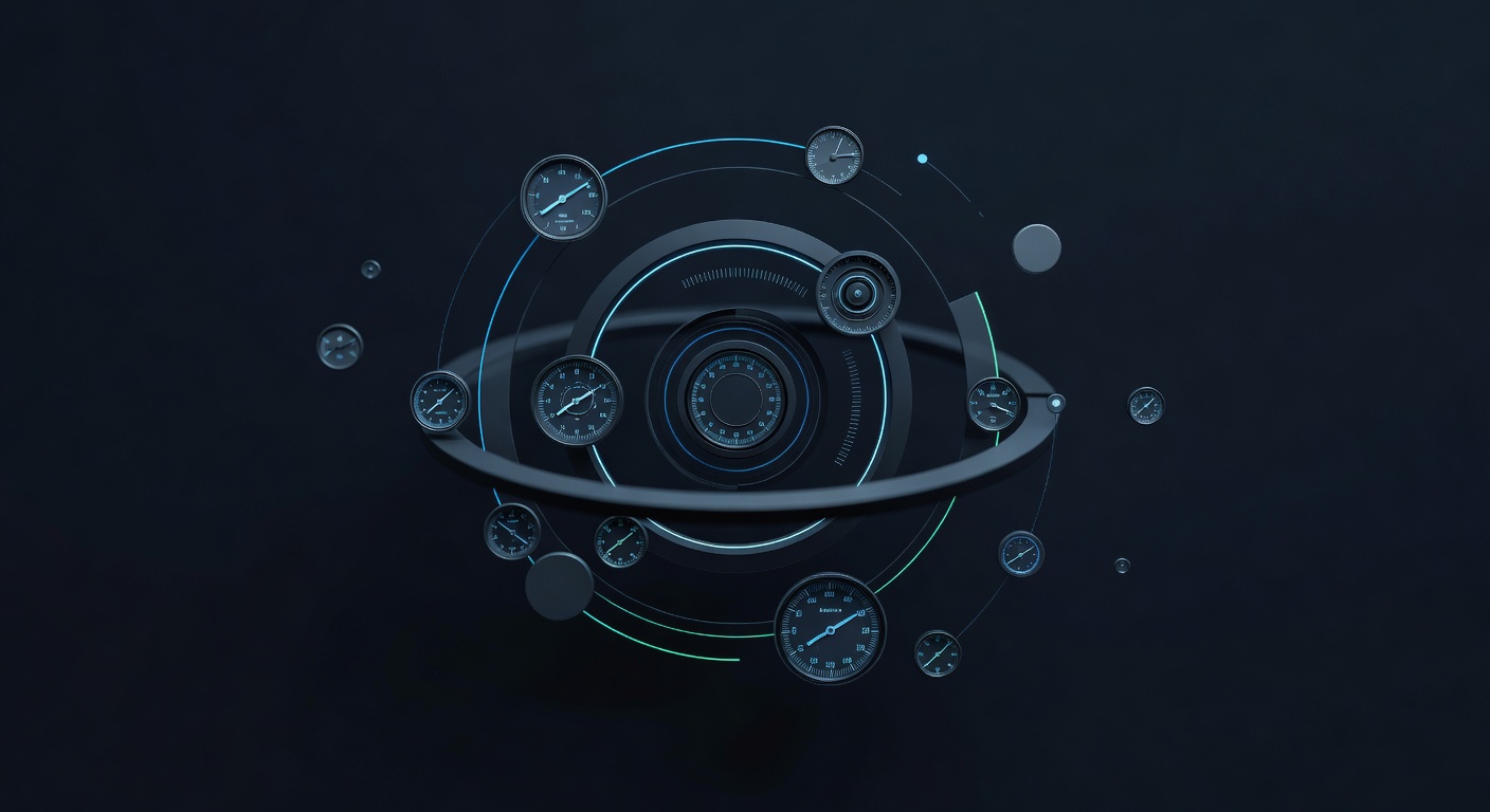 A calibrated scientific instrument visualisation — abstract measurement rings and precision gauge geometry rendered in cool light, suggesting rigorous evaluation and calibration. Editorial high-tech i
