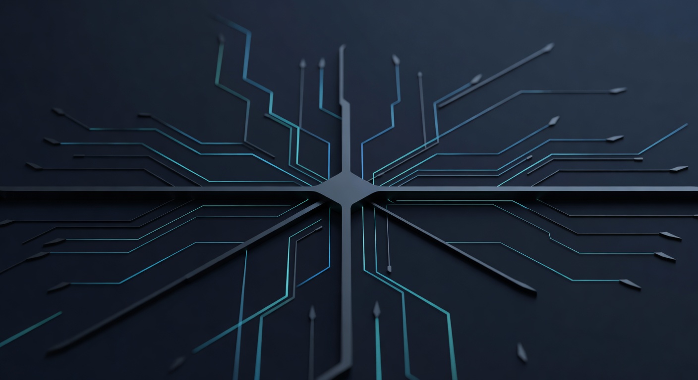 An abstract power-grid-like network of distribution with faint light flowing along the lines, multiple endpoints fanning out from a central backbone, 