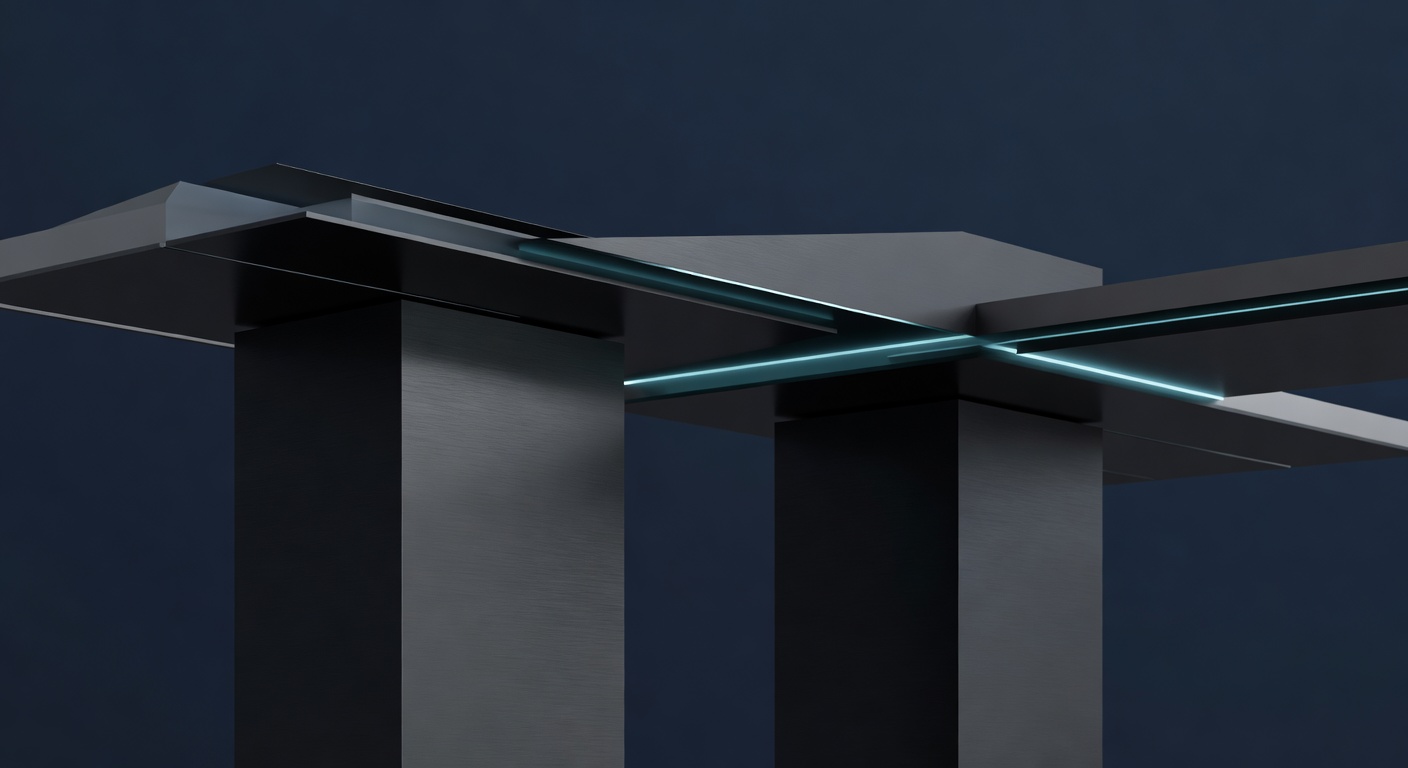 A composition of strong foundational columns supporting a refined structure above, rendered in cool light, suggesting sovereign infrastructure and lon