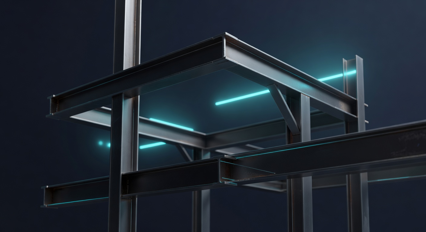 A sturdy industrial architectural composition — elegant geometric beams and a clean structural frame rendered in deep steel tones with soft cyan highlights, suggesting durable infrastructure. Editoria