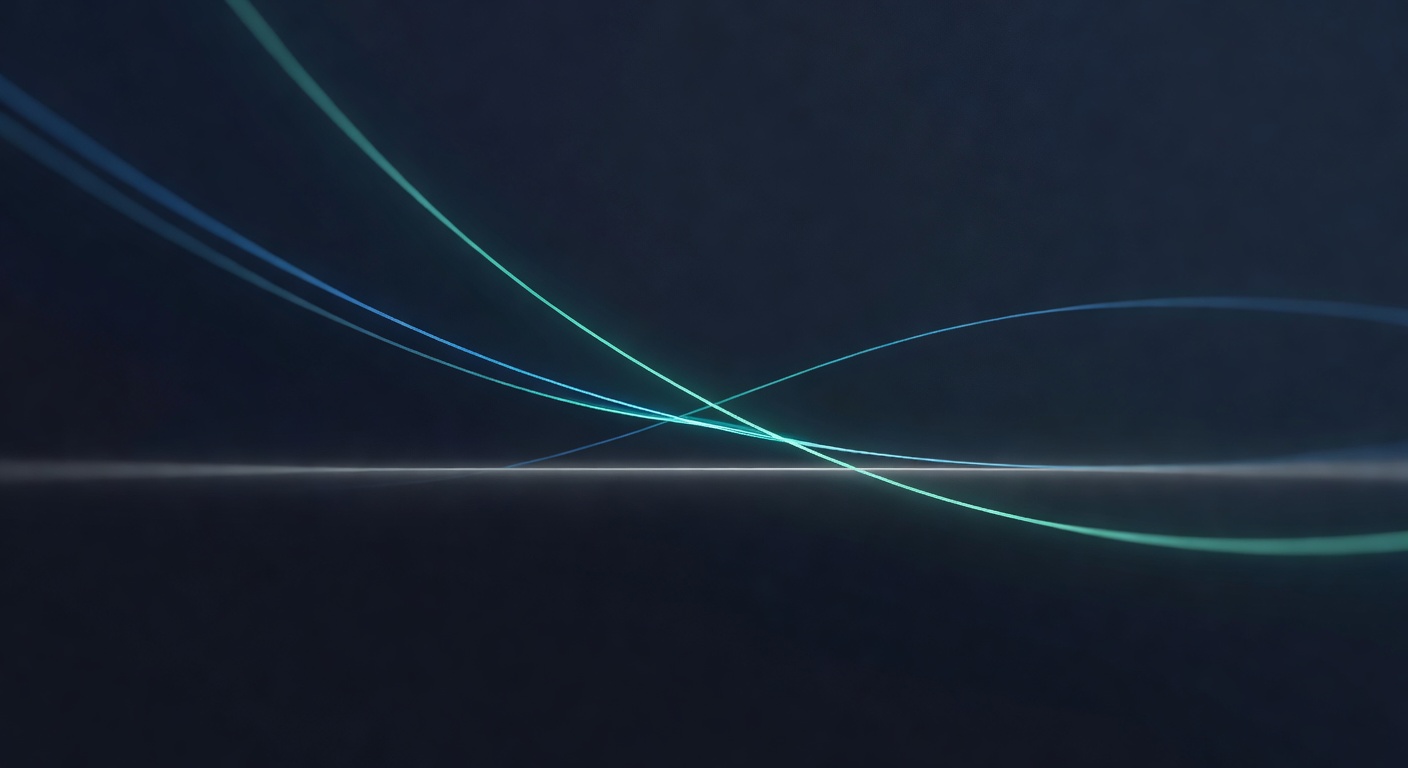 A chart composition with descending exponential light curves crossing a calm horizontal baseline, suggesting falling inference cost over time and opti