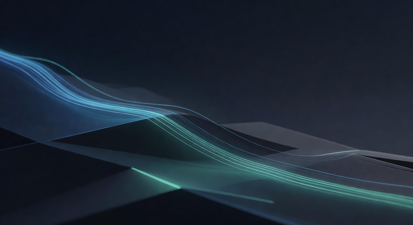 A graceful economic flow visualisation — luminous cost currents descending along a sloping geometric landscape, suggesting declining cost per unit of work. Editorial high-tech illustration, cinematic