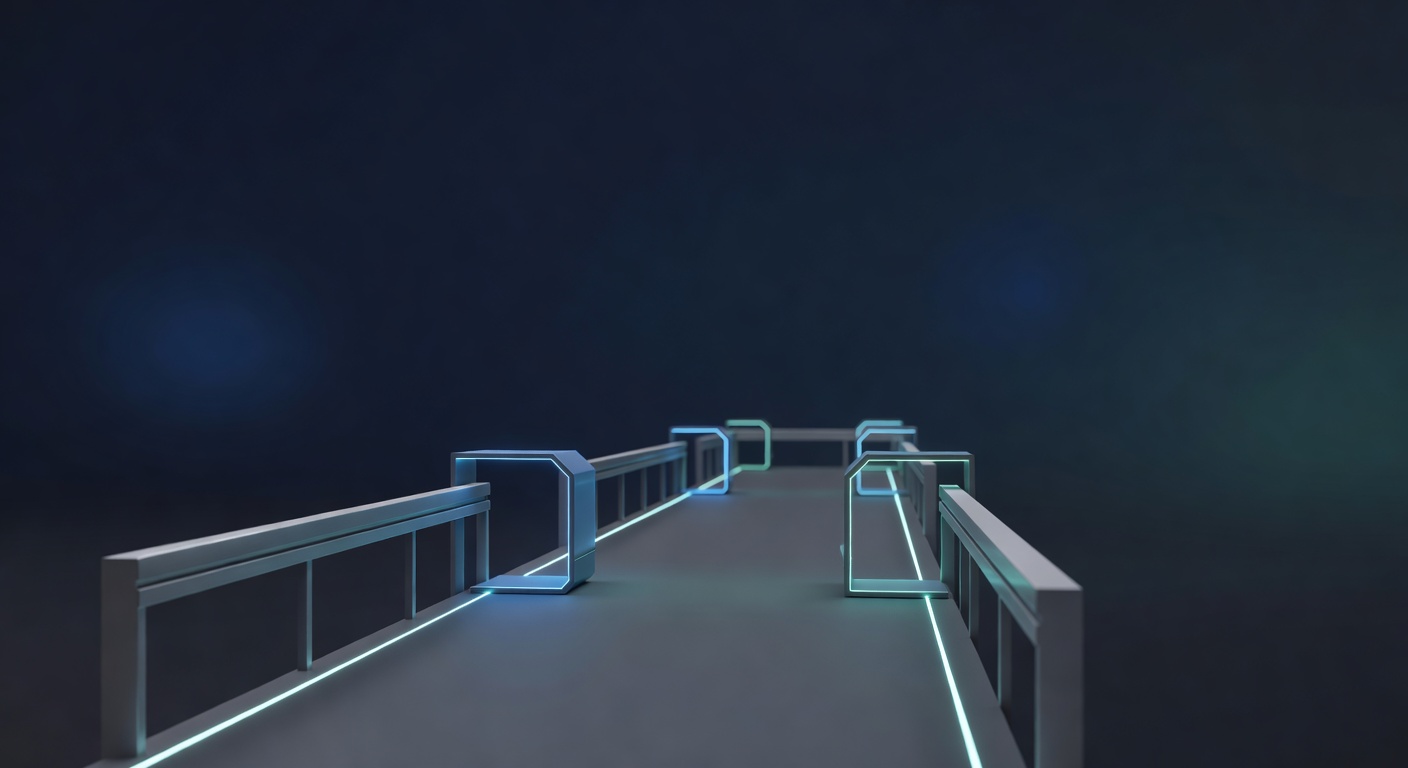 A regulated corridor visualisation — a clearly bounded path rendered in cool light, with formal guardrails on either side and periodic checkpoints, su