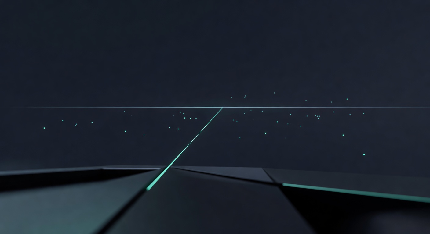 An autopilot navigation instrument panel rendered as calm cinematic geometry — a subtle horizon line, distant beacons of light, and a steady guiding vector, suggesting autonomous operation under super