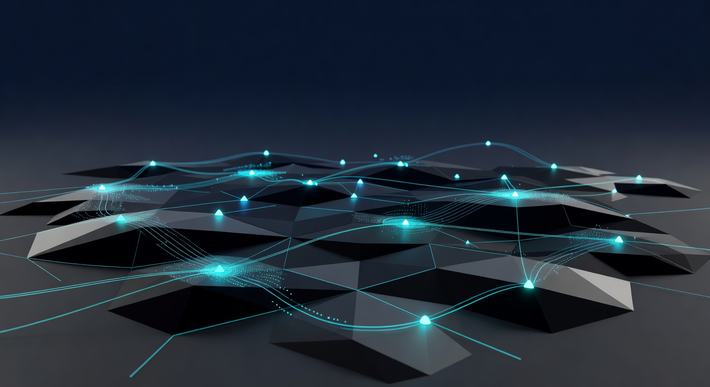 A strategic landscape rendered as a wide geometric terrain with clearly marked waypoints and connecting routes, suggesting a mapped AI journey across 