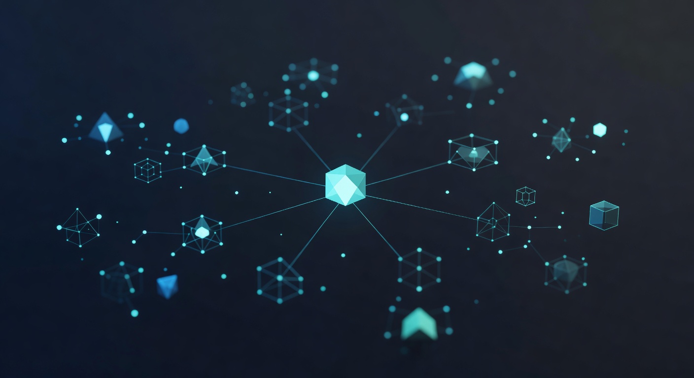 A complex operating-model visualisation — a central orchestrating node connected to specialised departmental clusters, rendered as calm geometric constellations of light, suggesting organisational des