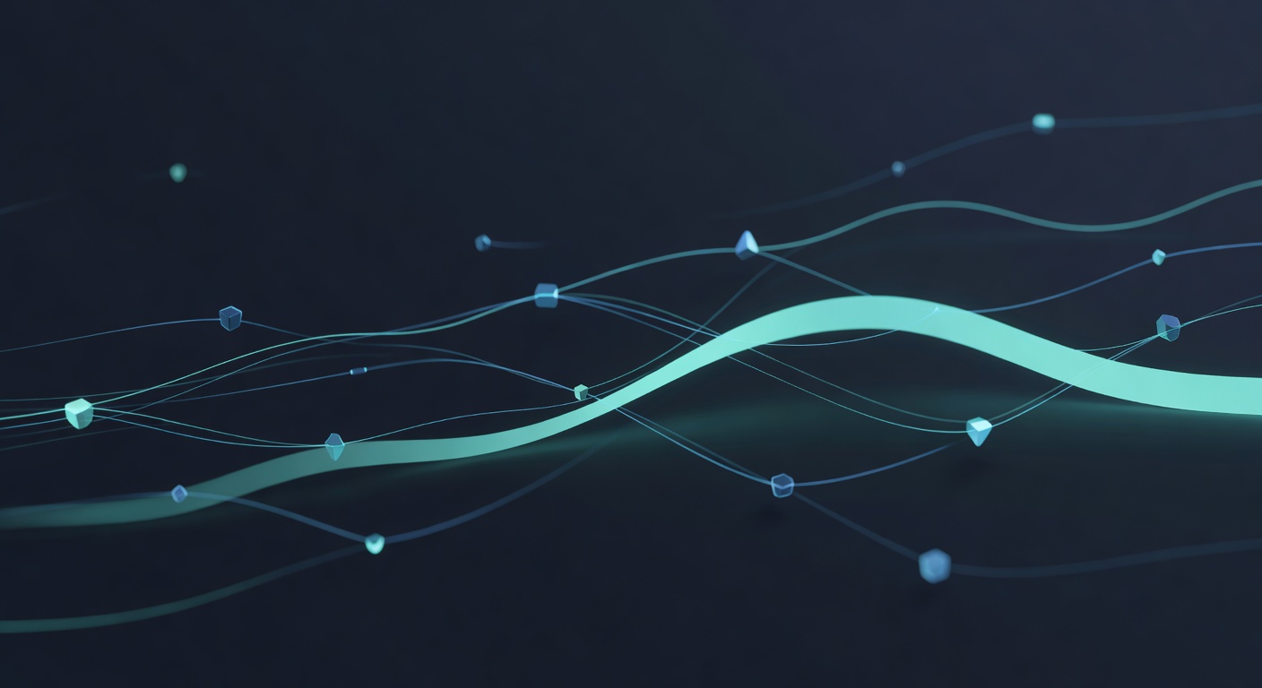 An abstract visualisation of work-flow redistribution — flowing light currents moving between nodes, some thinning, others thickening, suggesting role