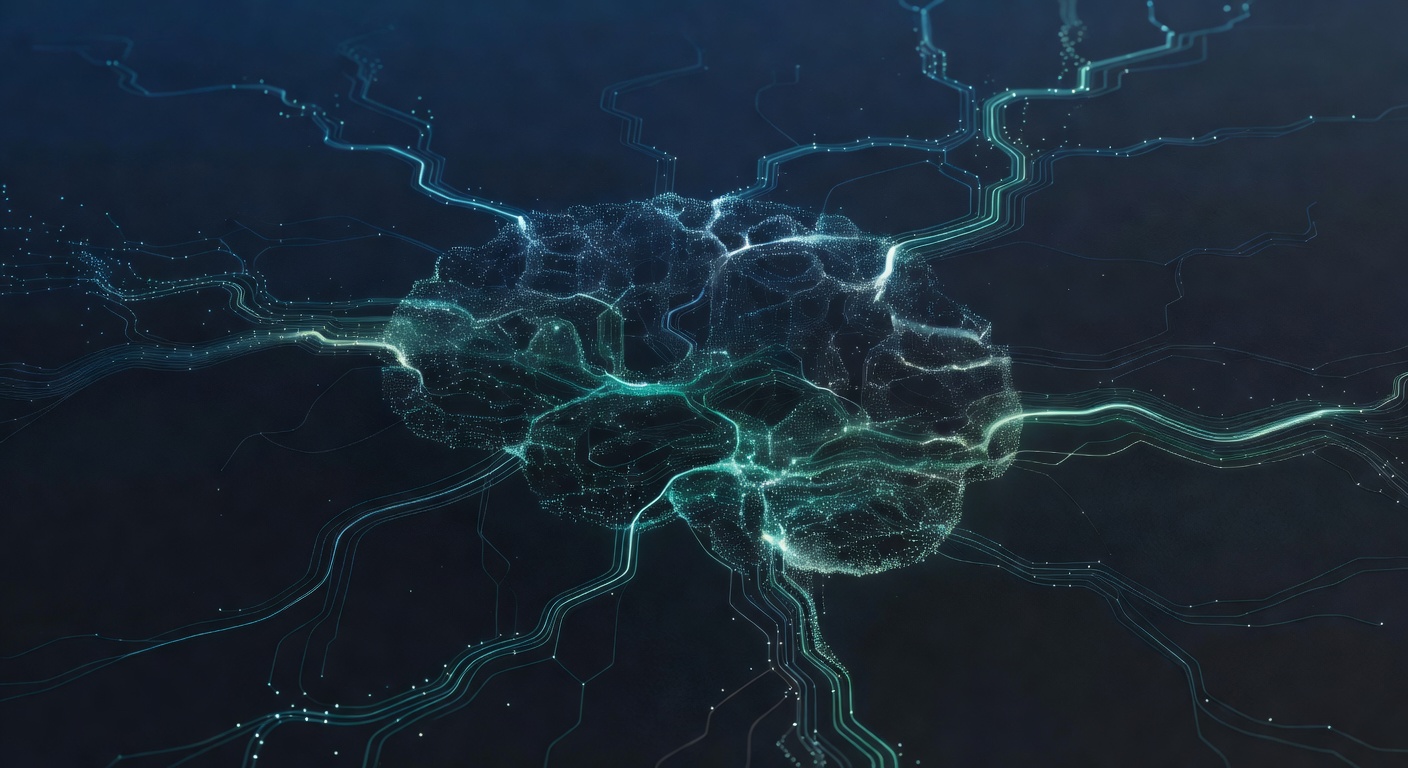 An abstract long-term memory visualisation — a dense lattice of interconnected light points with persistent pathways between them, suggesting episodic