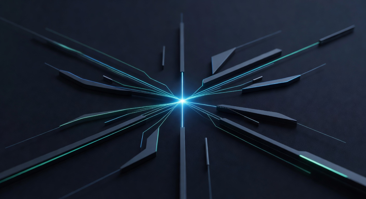 A calm context-assembly composition — distinct streams of information converging with precision into a single focused beam, suggesting contextual cura